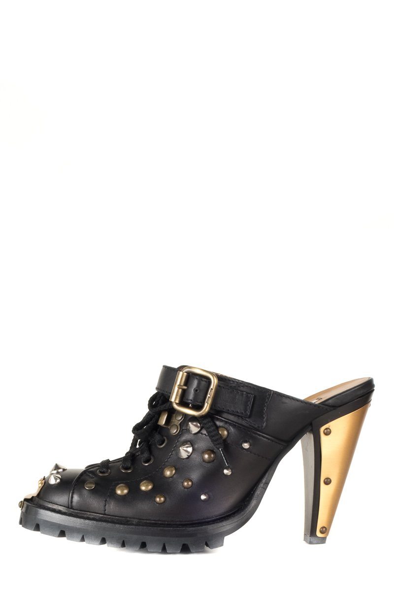 Studded top heeled mules